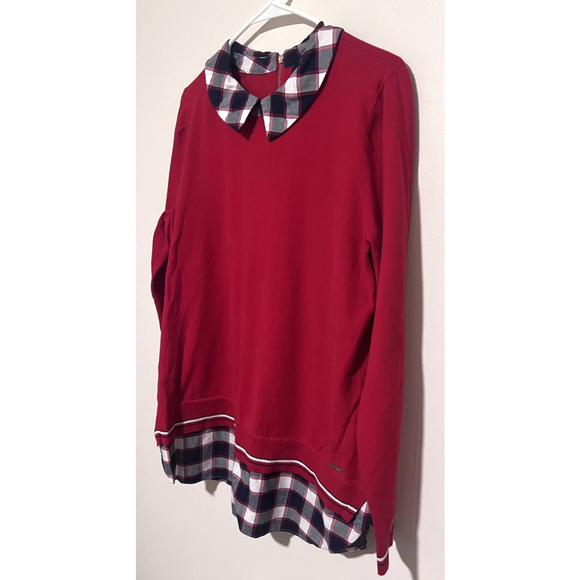 Tommy Hilfiger Layered Sweater Women’s Large Red Navy Shirttail Plaid Twofer - Picture 7 of 7